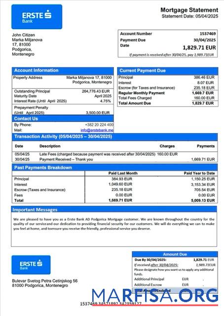 Downloadable Montenegro Erste Bank AD Podgorica mortgage statement Word and PDF template